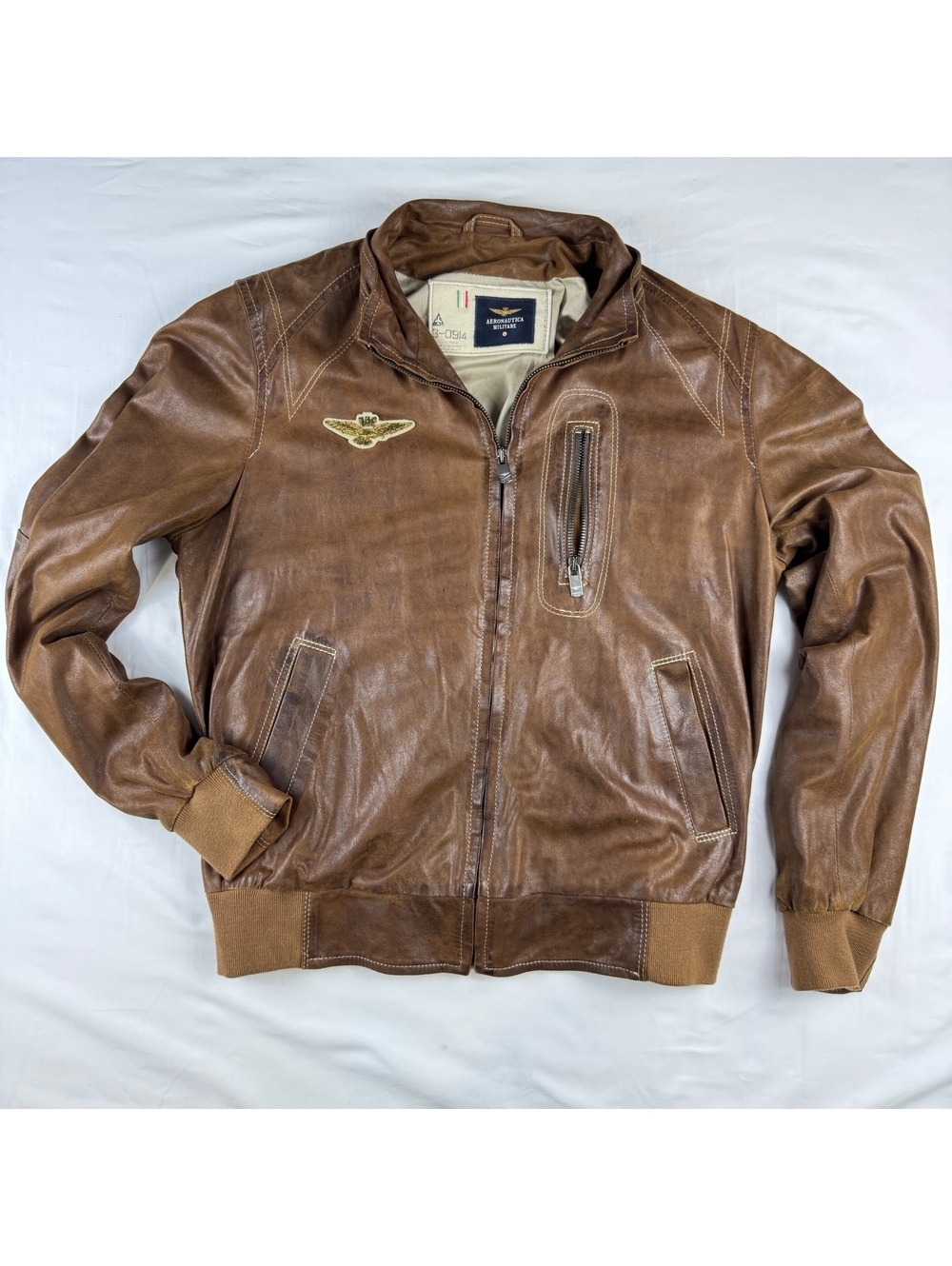 Aeronautica Militare Brown Leather Bomber Jacket with Embroidered Patch 50 Sz M